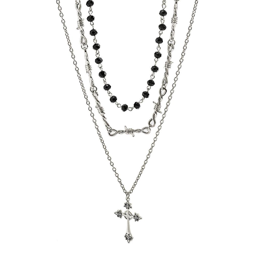Y2K Hot‑Girl Dark‑Punk Cross Women Necklace, Retro Multi‑Layer Stackable Sweet‑Cool Collarbone‑Chain Neck Jewelry