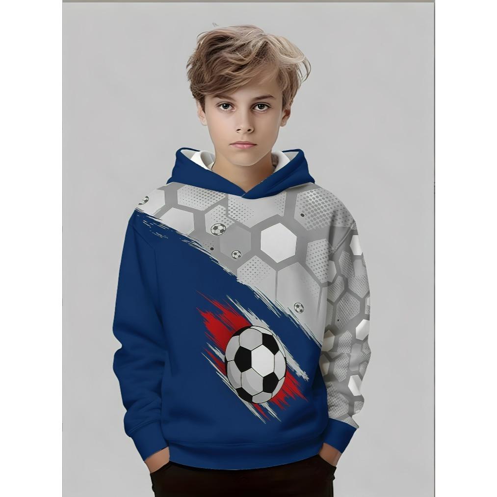 Boys' fashionable 3D printed football pattern, comfortable and versatile long sleeved hooded top for children