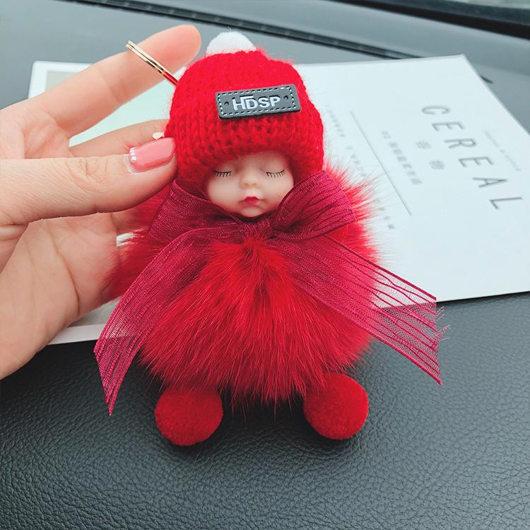 Korean Bow Keychain: Squinting Doll with Fox Fur Pendant - A Unique Japanese and Korean Gift