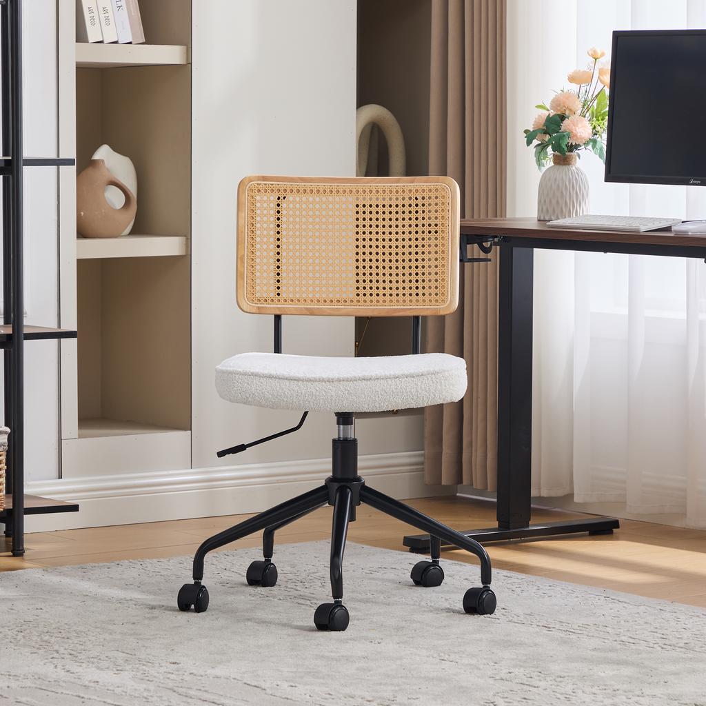 Vintage Rattan Office Chair with Wheels - Adjustable Swivel Desk Chair with Chenille Fabric Seat & Wooden Frame for Home Office, Living Room (Ivory)