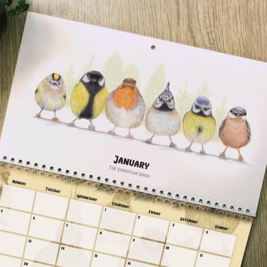 Cute Little Birdies Wall Calendar 2026 Illustrated Monthly Art Calendar Home Office Decor with Large Grids