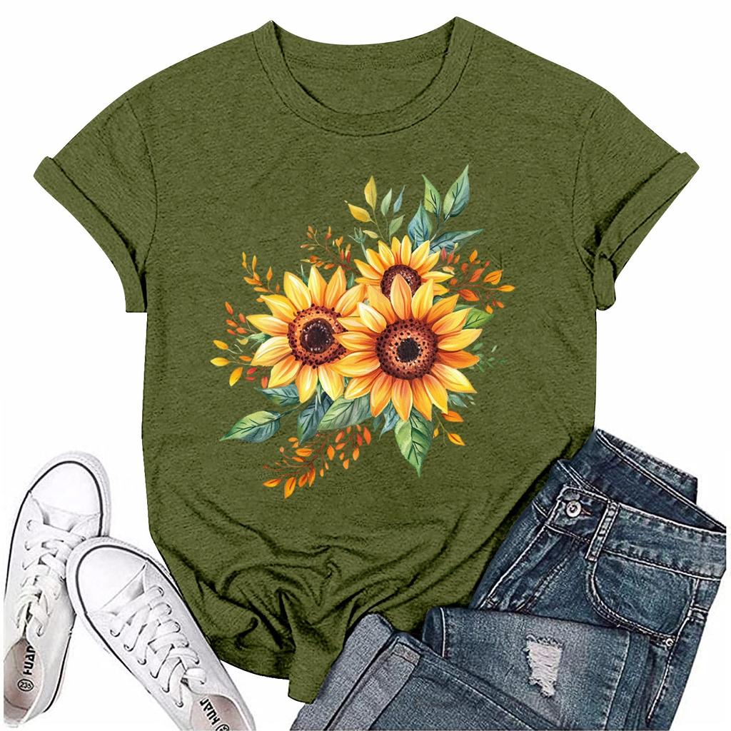 Women Fashion Printed Round Neck Short Sleeve T-Shirt Pullover Top
