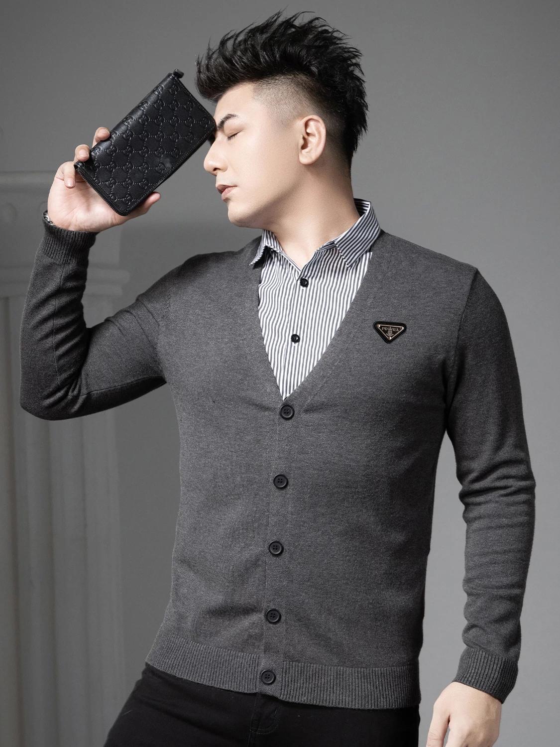

European-Style Faux Two-Piece Cardigan Sweater for Men, 2025 Autumn and Winter New Style, Shirt Collar Knitwear, Men s Warm Base Layer Shirt M темно-серого