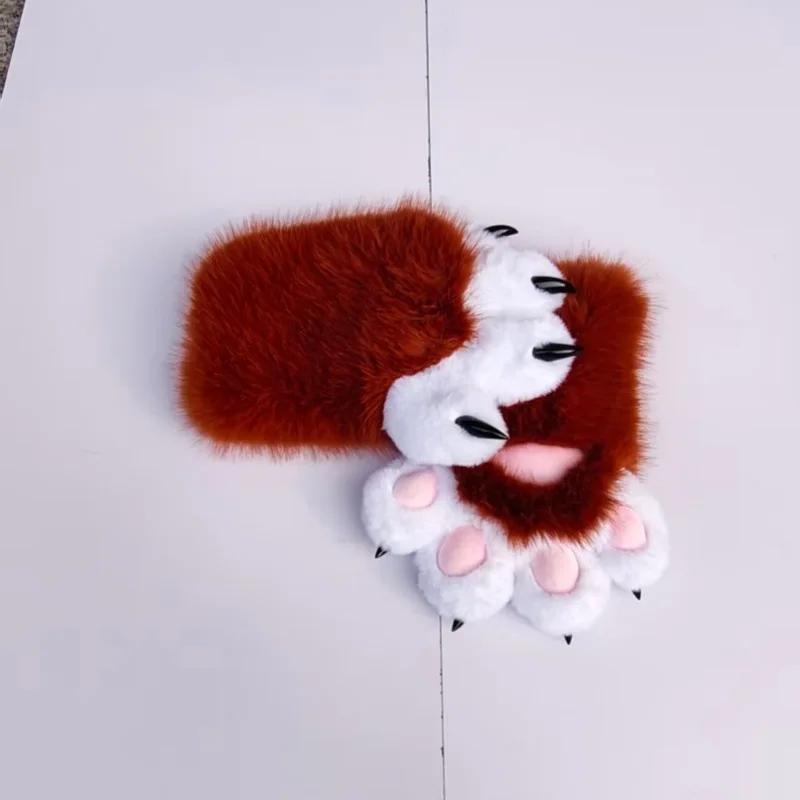 Leopard Print Plush Animal Paw Gloves Synthetic Fur Style Fursuit Hand Paws Cosplay Costume for Halloween Party