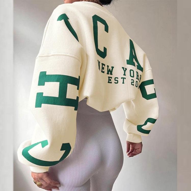 Women Casual Print Pullover Sweatshirt Stylish Loose Thick Long Sleeve Top