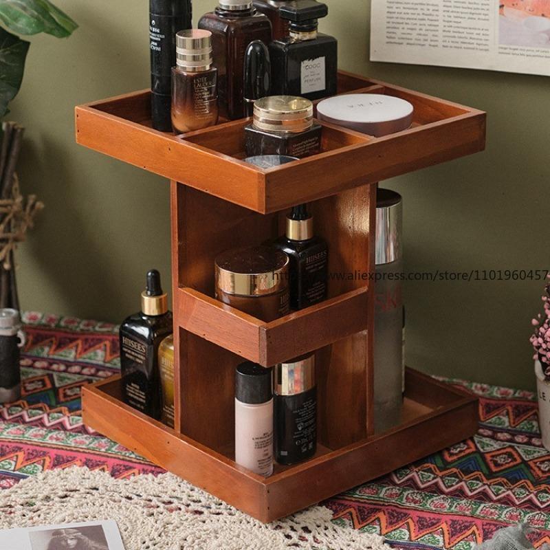 360-Degree Rotating Wooden Cosmetics Desktop Dressing Table Skin Care Products Lipstick Organization And Storage Rack Layered