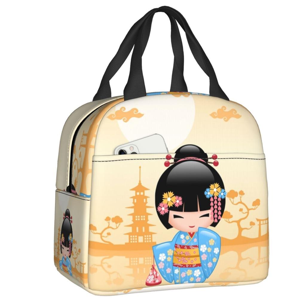 Custom Japanese Girl Sakura Kokeshi Doll Lunch Bag Men Women Warm Cooler Insulated Lunch Box for Kids School Children