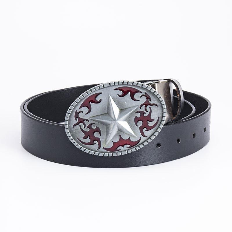 Pentagram Leather Men's Cowhide Belt Retro Smooth Buckle Wide Belt Decorative Belt