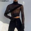 Men Turtleneck Long Sleeve Irregular Layers See Through Tops Lace Hem T-Shirts