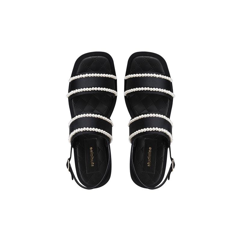 

Повседневные маленькие ароматные сандалии женские 2025 весна и лето новые французские жемчужные ремешки с пряжкой на пятке с открытым носком на толстой плоской подошве 40 чёрный