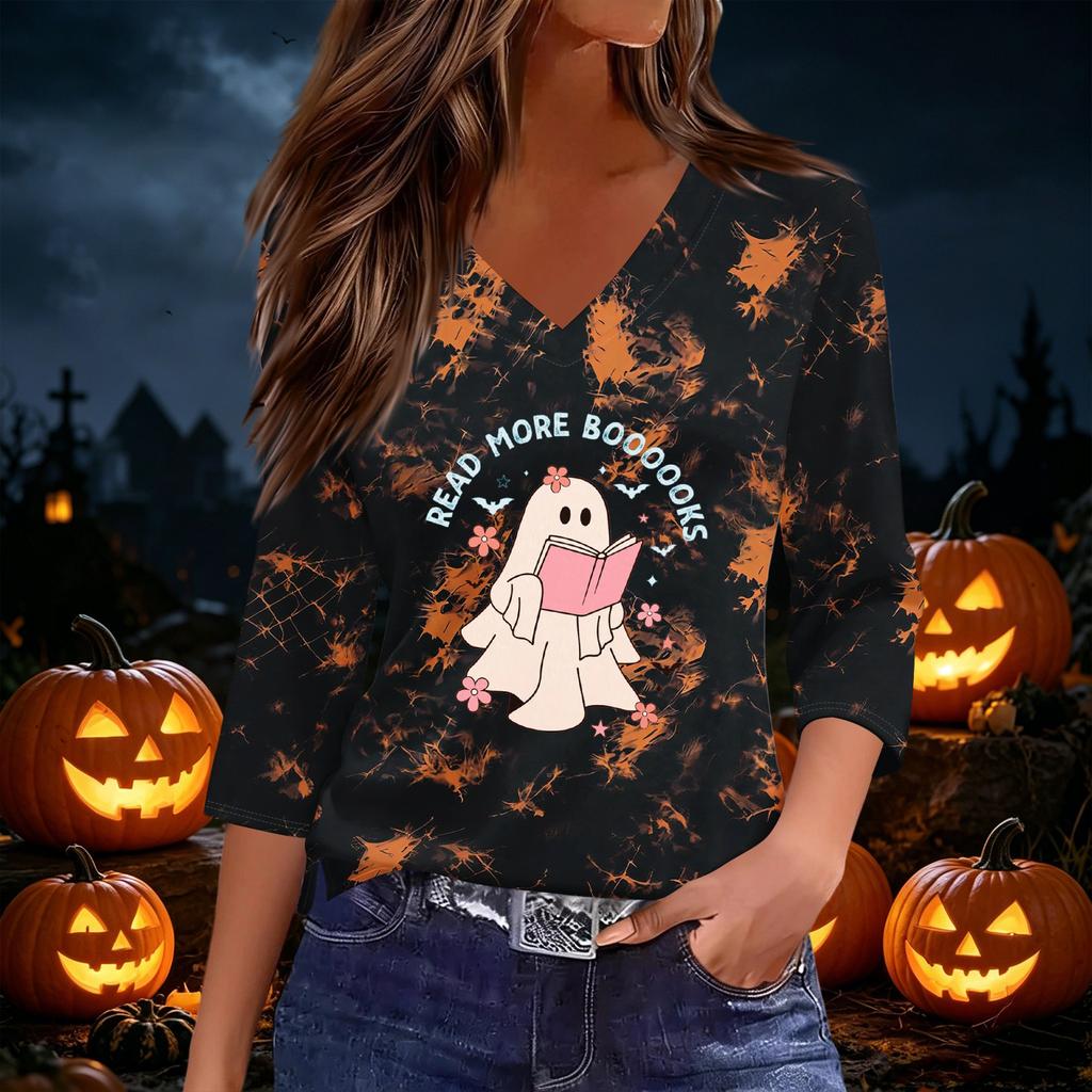 Women's Casual V-Neck Three-Quarter Sleeve Top with Halloween Print