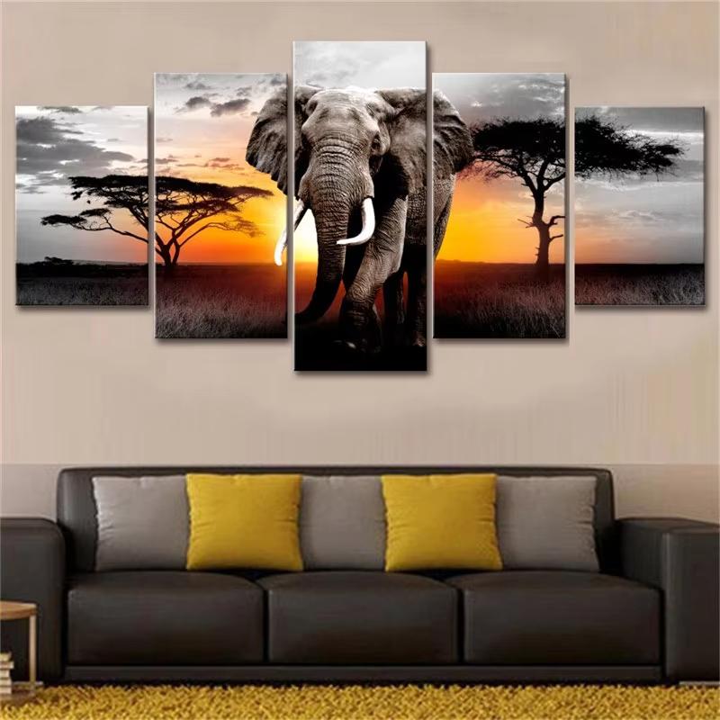5 Piece Walking Elephant Sunset Africa Grassland Scenery Canavs Painting Prints Poster Living Room Wall Art Cuadros No Frame 20x35-20x45-20x55cm