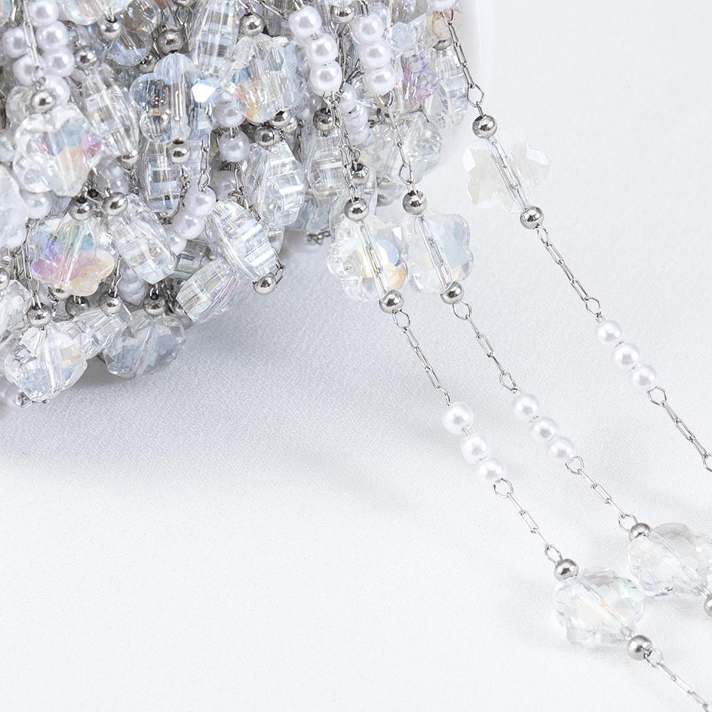 0.5M 1M PVD Plated Stainless Steel Chain Crystal Flowers Shape ABS Pearl Beaded Chains for Women DIY Handmade Necklaces Bracelet