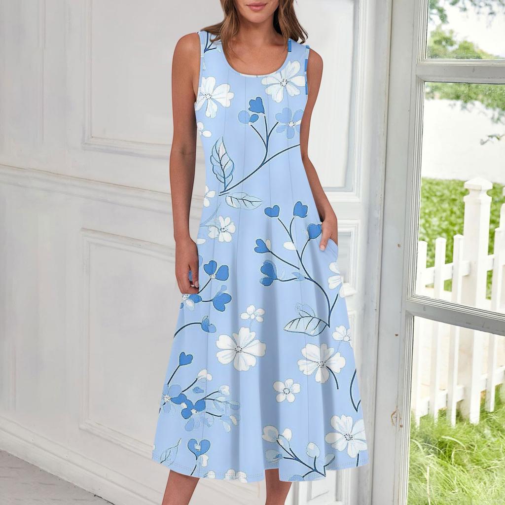 Women's Casual Fashion Floral Print Round Neck Sleeveless Midi Dress