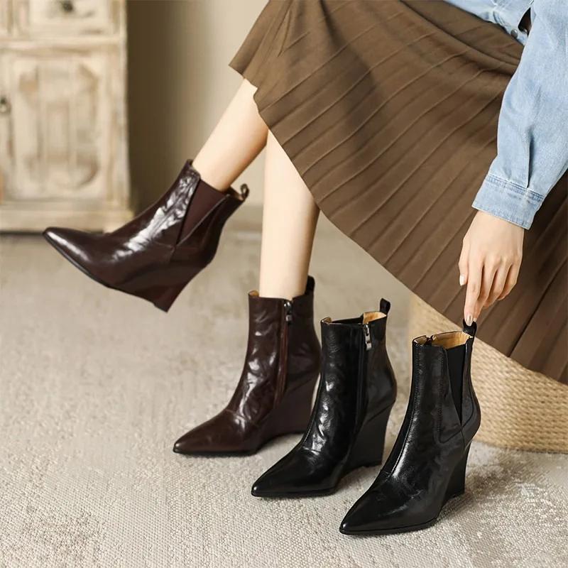 Fashion Women's Shoes 2024 Hot Sale  Ankle Women's Boots Elegant Modern Boots Women Sewing Pointed Toe Back Zip High Wedges Ladies Shoes