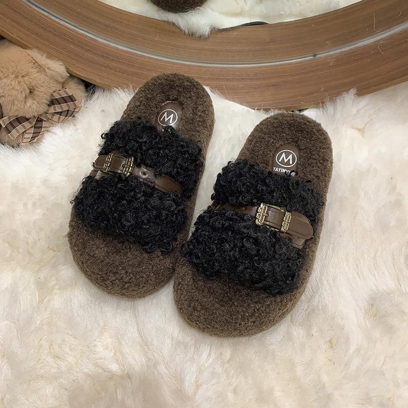 

Retro plush design fluffy slippers women s outer wear 2025 new autumn and winter thick bottom heightening belt buckle cotton mop 40 чорний