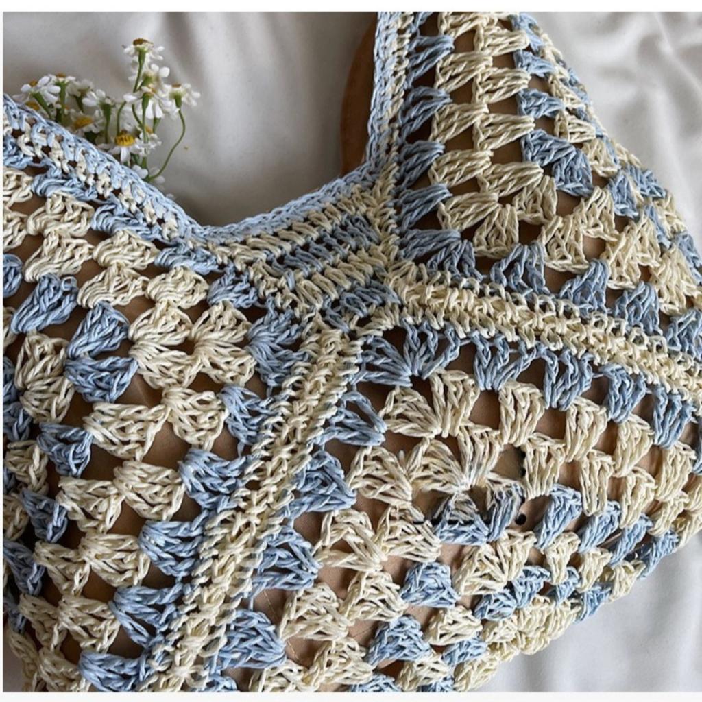 Bohemian Crochet Straw Shoulder Bag, Hand-Woven Tote Bag with Beaded Handle, Large Capacity Beach Bag for Women, 6 Colors, 36x33cm