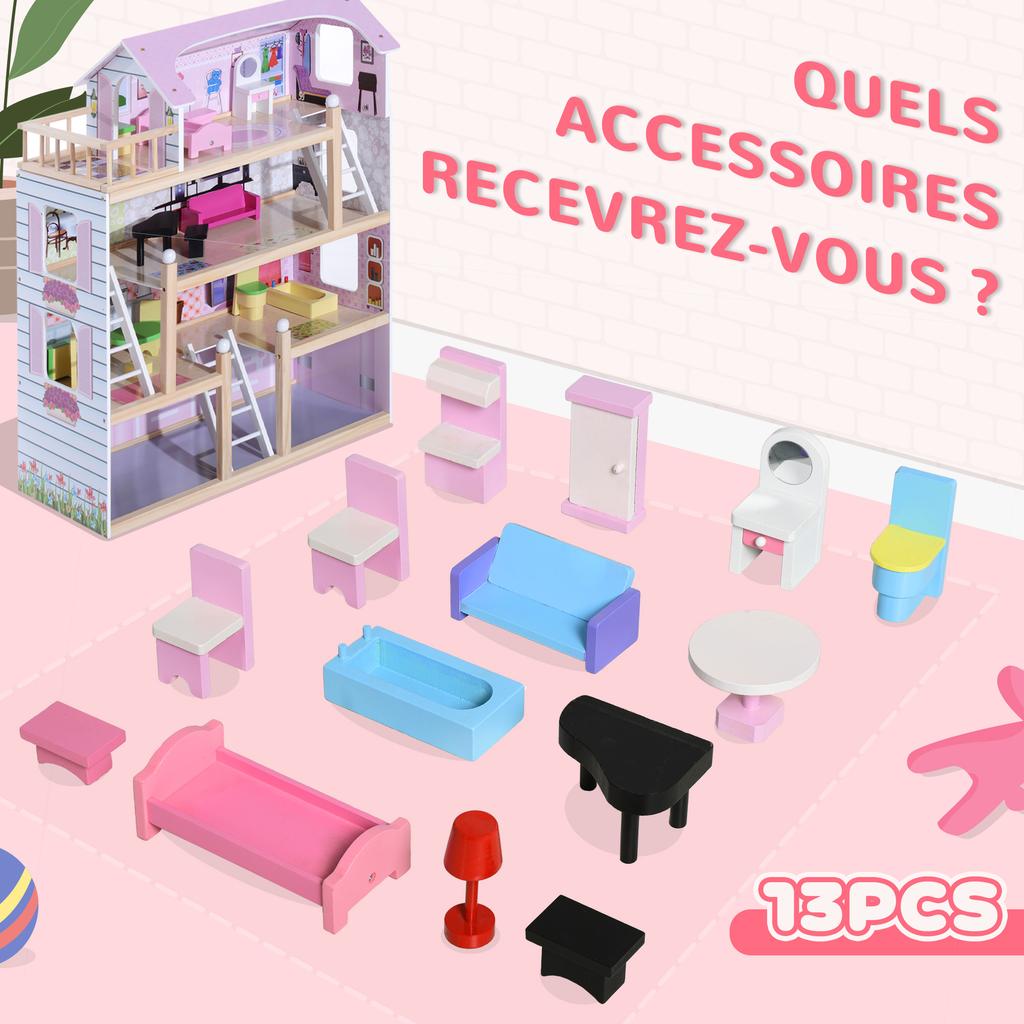 Deluxe Wooden Kids Doll House with 13 Piece Furnitures Cottage Children Girls Dollhouse Entertainment Imagination Toy Game