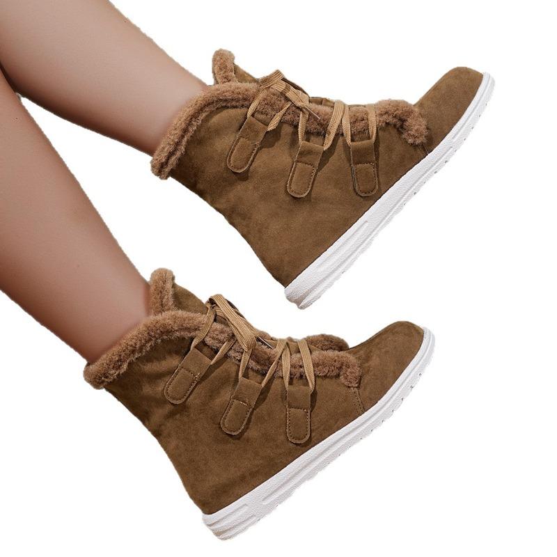 2025 Winter New Lace-up Warm Cotton Shoes Women's Flat Fleece Thickened Plus Size Snow Boots