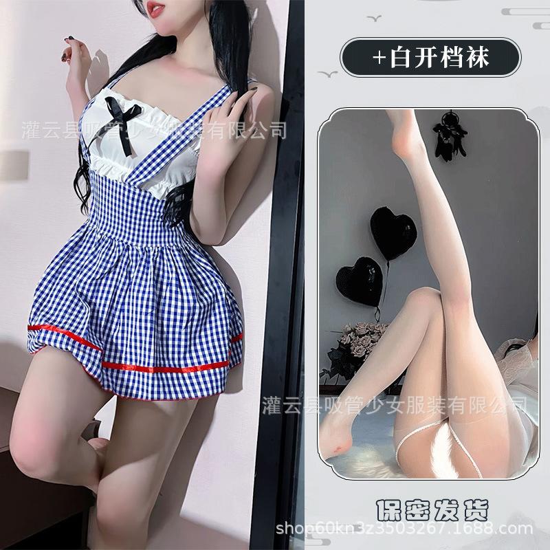 Small fresh blue and white plaid maid sweet lace tube top strap plaid sexy 0