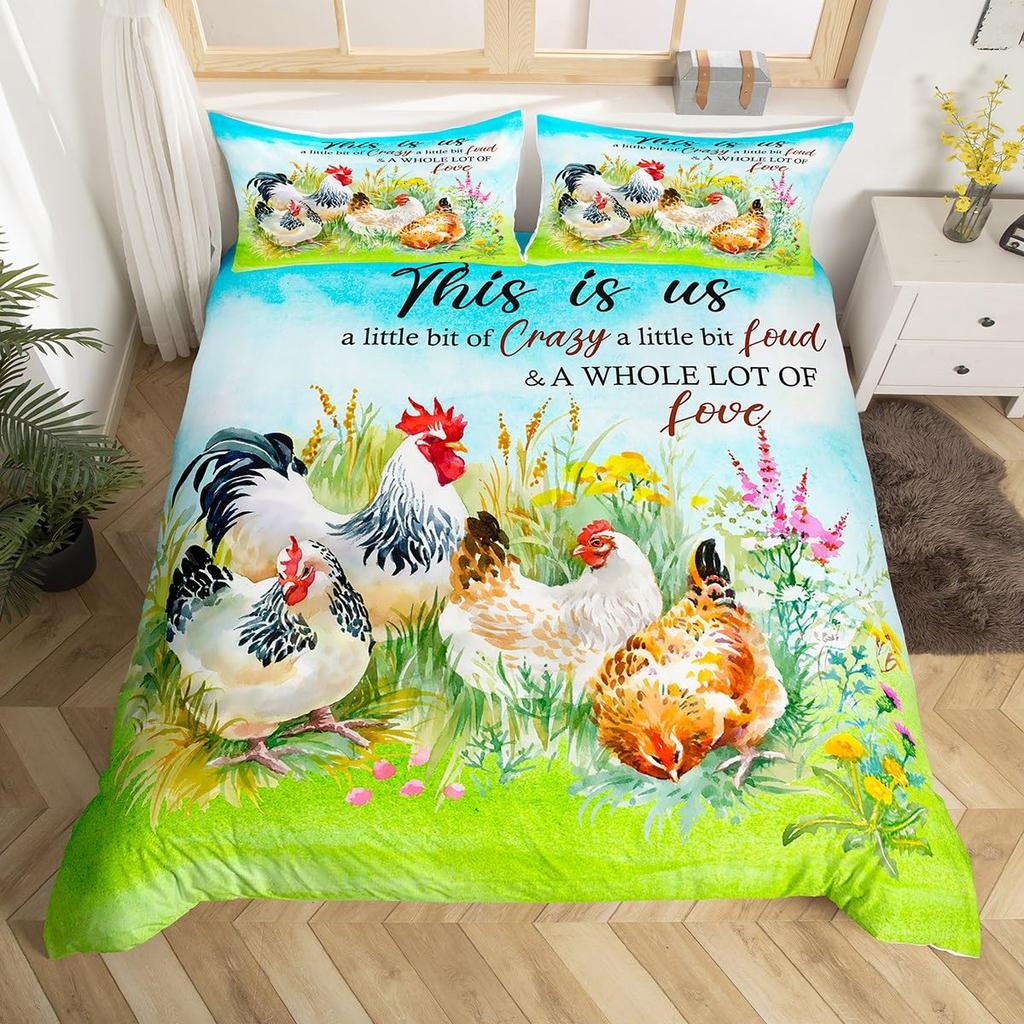 Hahn Druck Bettwäsche Bettbezug Set Niedliches Küken Bettdeckenbezug Set für Raumdeko Full King Size mit 2 Kissenbezügen 3-teilig