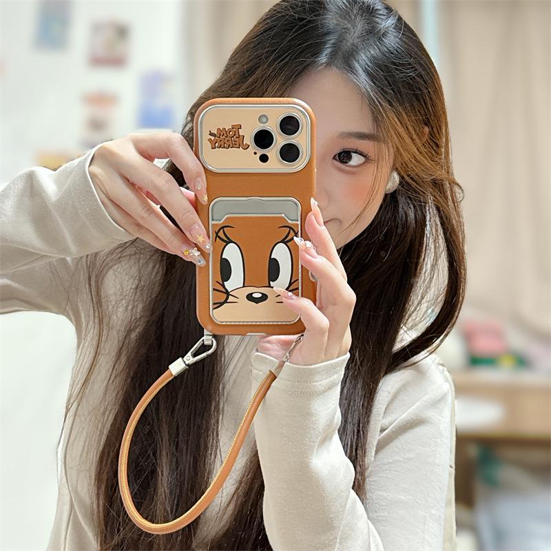 Cartoon Mouse Leather Card Holder Lanyard for iPhone 15/16/17 Pro Max
