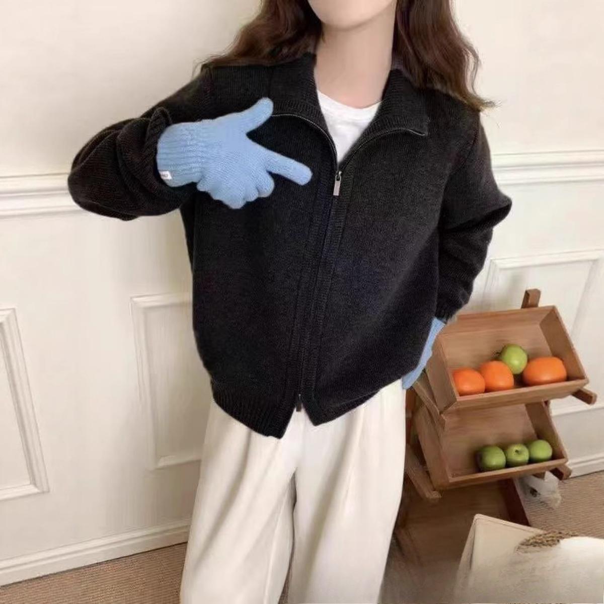 Свободный крой Свитер Пальто Женский Двойная молния Воротник-стойка Вязаный Кардиган One size чёрный 1946₽