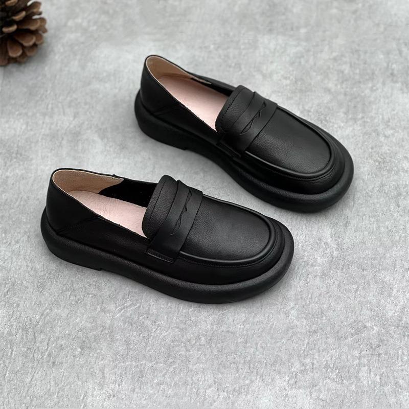 Genuine Leather Loafers Single Shoes Retro Round Head Soft Leather Soft Bottom Flat Heel Casual Cowhide Shoes