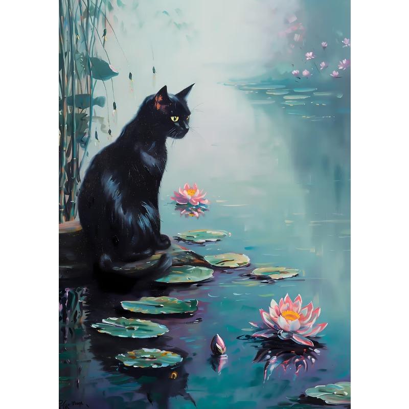 Retro Cute Black Cat And Lotus Landscap Canvas Paintings Impression Monet Posters and Prints Wall Pictures For Living Room Decor