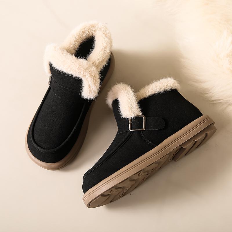 Fashion Soft Thick Bottom Furry Suede Snow Boots Women 2025 Winter Fluffy Fur Slip On Warm Plush Ankle Boots Metal Buckle Cotton Shoes