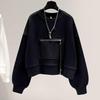 Women Loose Round Neck Long Sleeve Pullover Sweatshirt Top with Zipper Pocket Short