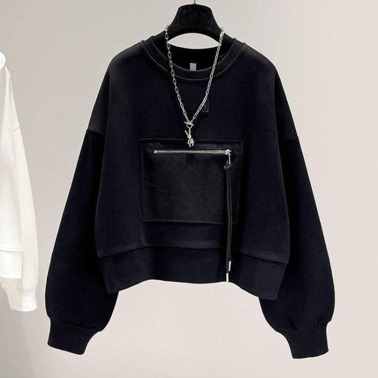 Women Loose Round Neck Long Sleeve Pullover Sweatshirt Top with Zipper Pocket Short