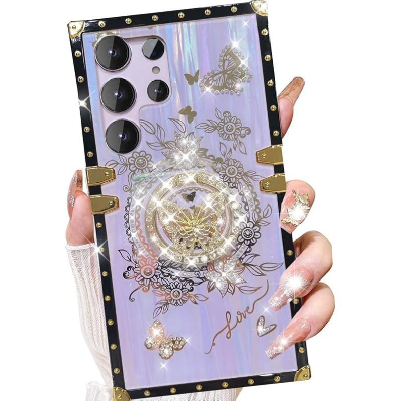 for Samsung Galaxy S25 Ultra Glitter Kickstand Case, Cute Luxury 3D Bling Sparkly Floral Diamond Butterfly with Ring Stand Elegant Shockproof Women