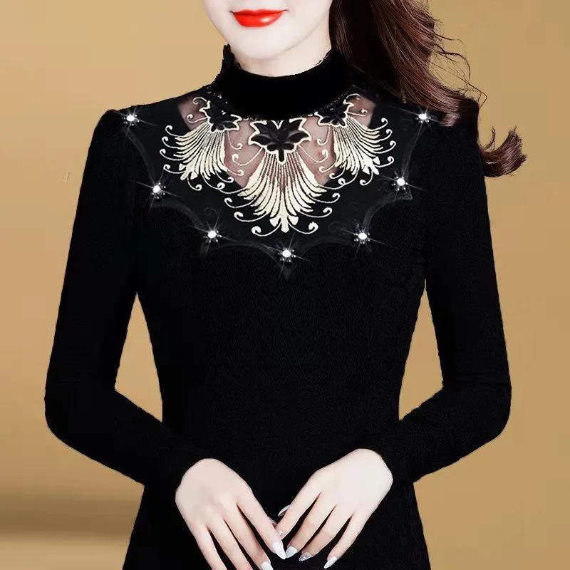 Plus aksamitna damska koszula dolna z czarnej koronki T-shirt z długimi rękawami Plus rozmiar Wewnętrzna góra