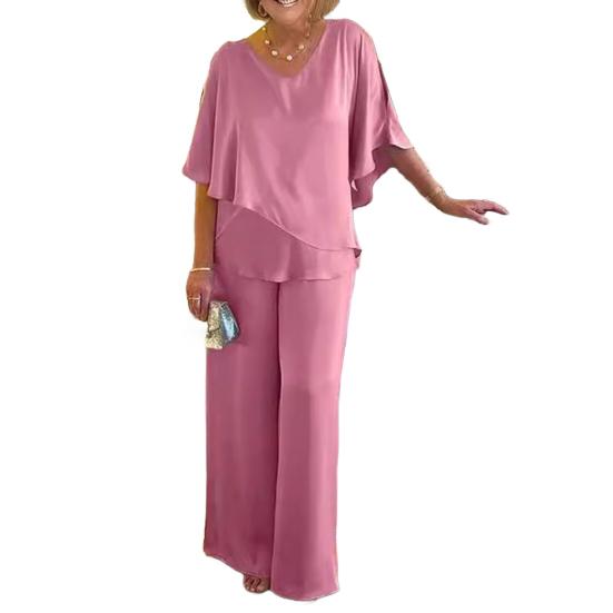 Summer Two Piece Outfit with V-Neck Layered Top and Wide Leg Pants
