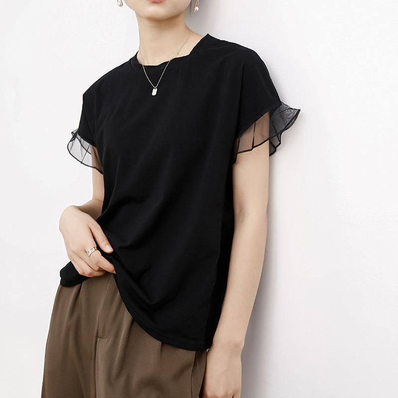 New Summer Mesh Ruffled Round Neck Cotton T-shirt for Women