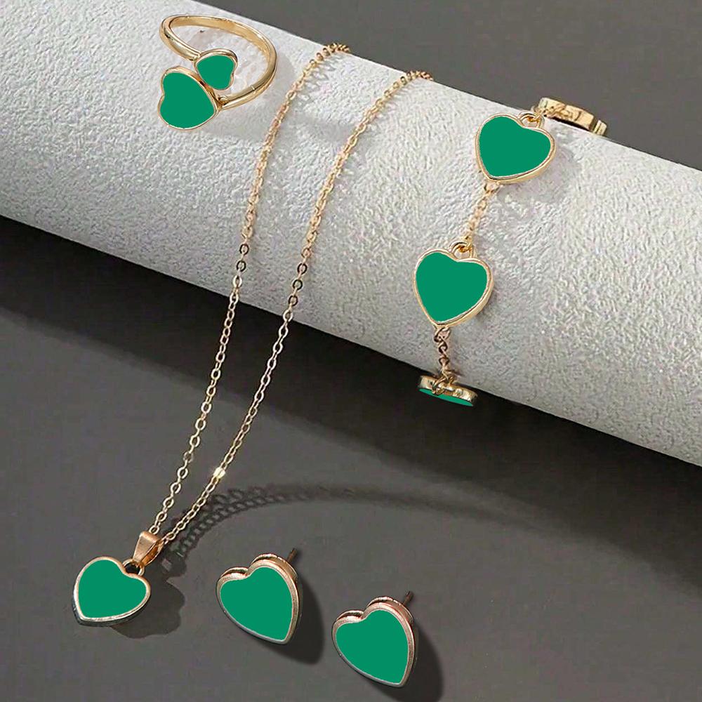 

5 шт. Женский цирконовый набор Модный и элегантный ожерелье в форме сердца, браслет, кольцо, серьги Цирконовый набор, подходит для повседневного сочетания зелёный