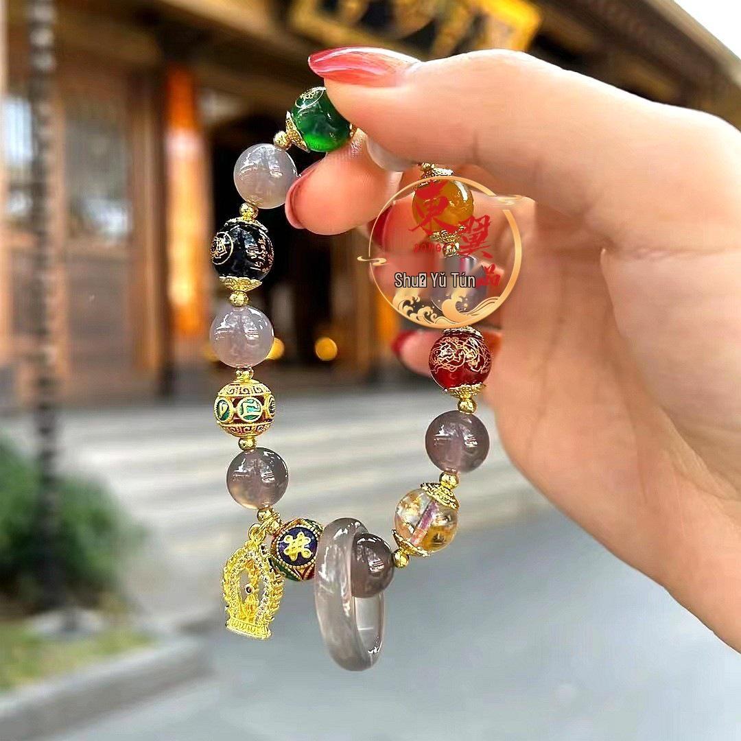 Hangzhou Xiangji Smoky Agate Five-Paths Wealth Bracelet with Six-Character Luck Beads