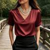 Women T-shirt Solid Color Loose Fit Smooth Satin V-Neck Short Sleeve Tops Summer Casual Tee Shirt Daily Wear