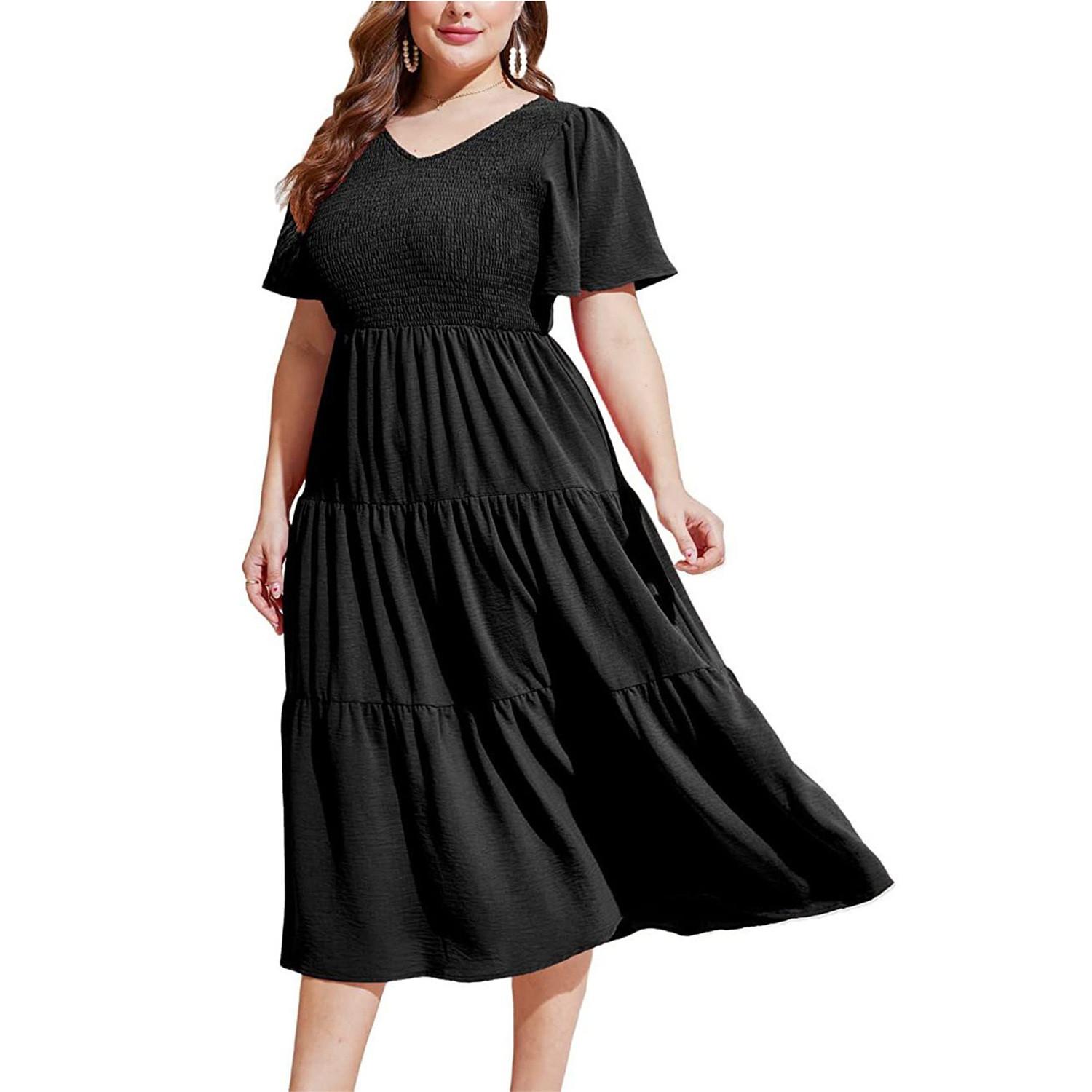 

Women s 2023 Casual Summer V Neck Short Sleeve High Waist Ruffle Tiered A Line Midi Dress L чёрный