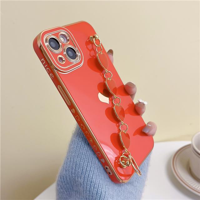 Luxury Plating Love Heart Wrist Bracelet Phone Case For iPhone 15 14 13 12 11 Pro Max X XR XS 7 8 Plus SE Soft Cover With Chain