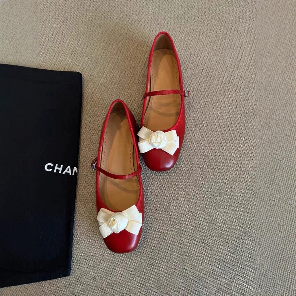 Sheepskin Version~ Xiaoxiangfeng Camellia Leather Mary Jane Single Shoes Women's Autumn Ballet Style Flat Shoes Ballet Shoes Ladyshoes