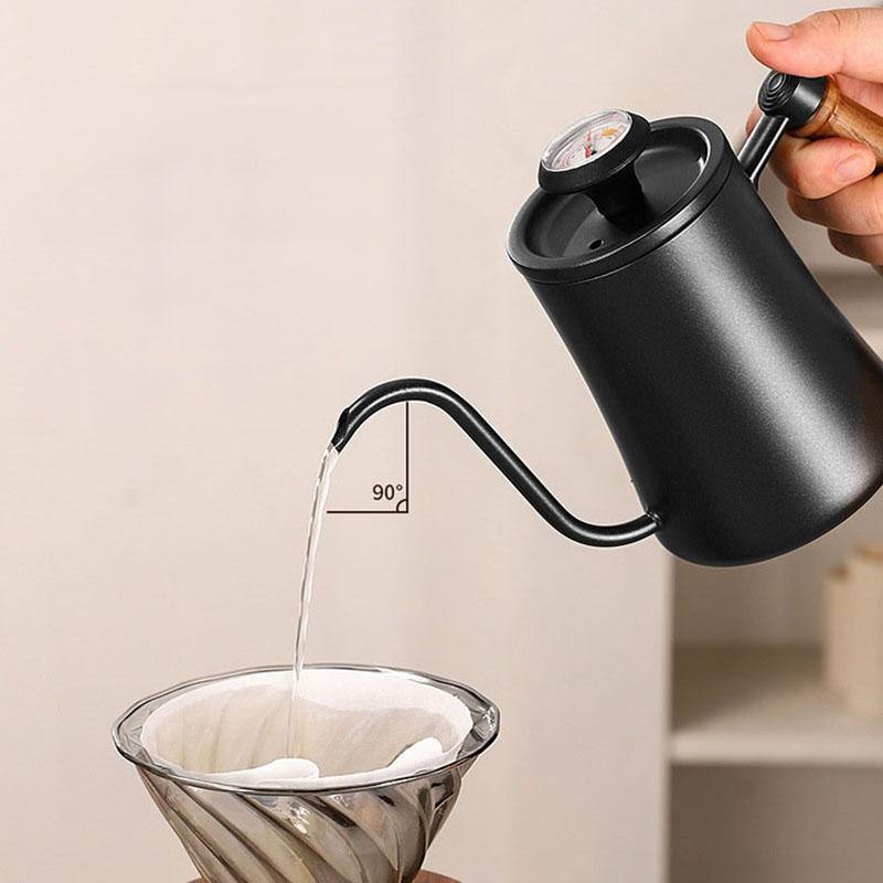 Camping Gooseneck Kettle Stainless Steel Pour Over Kettle with Thermometer & Wooden Handle, Portable Coffee Pot for Outdoor