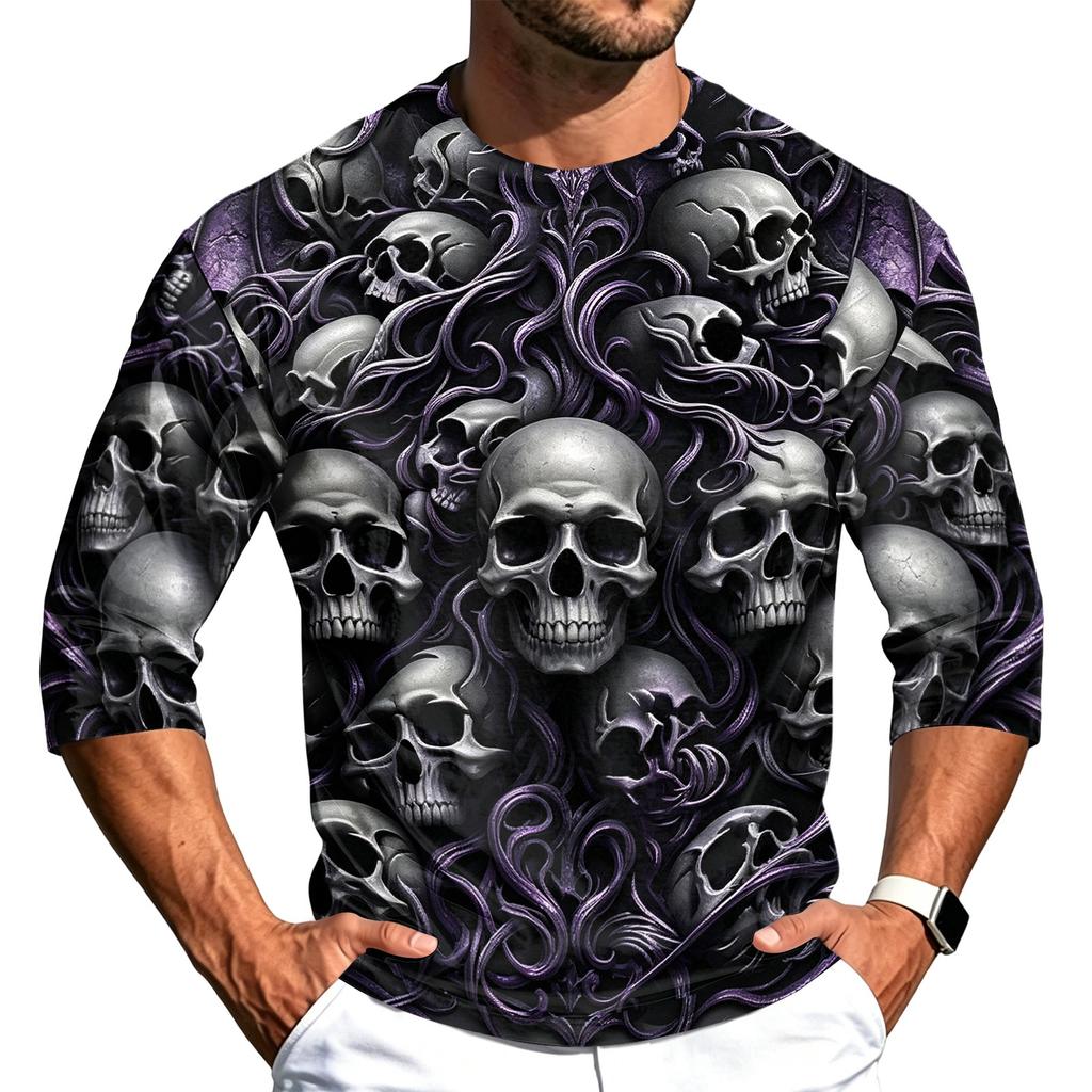 Men's Casual 3/4 Sleeve Round Neck T-Shirt with Halloween Print