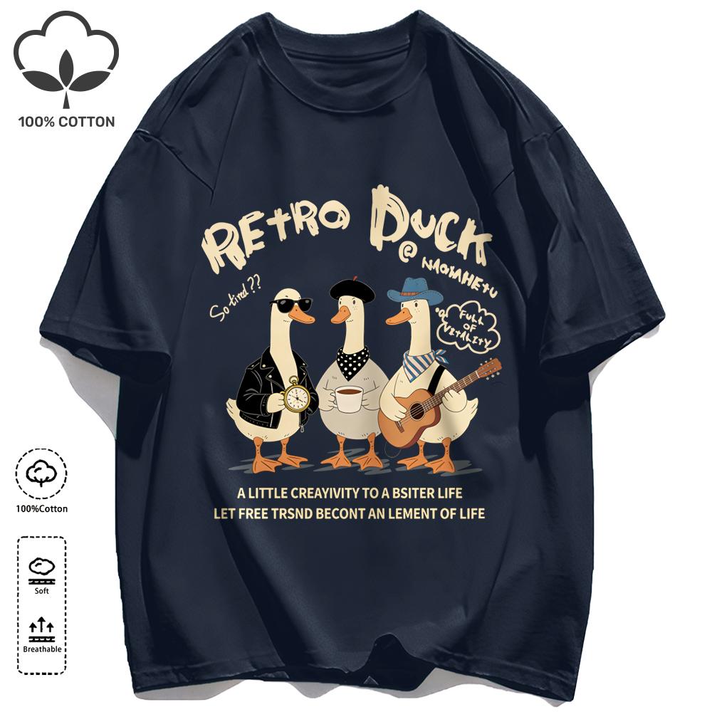 Retro Duck With Free Time T Shirt Unisex Fashion All-Match Basics Streetwear O-Neck Cotton Clothing Unisex Summer Loose Tee