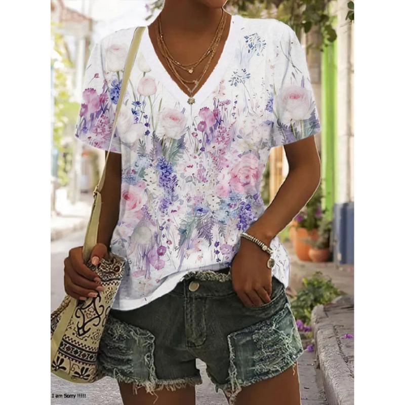 

Women s Watercolor Floral Rose Print V-Neck Short Sleeve T-Shirt, Summer Gentle Artistic Loose Fit Top, Fresh and Versatile T-Shirt S