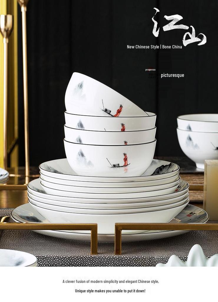 Tangshan Underglaze Ceramic Landscape Ramen Bowl Set