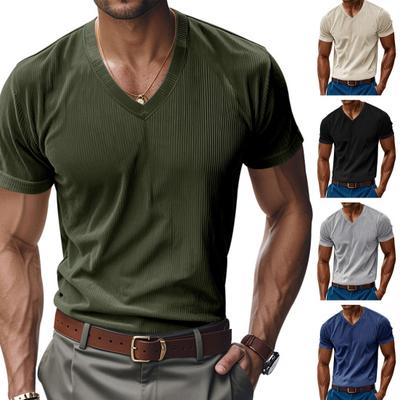 Herren Cord-T-Shirt mit V-Ausschnitt, Sommer, geripptes Strick-T-Shirt, kurzärmelig, lässig, Business-Oberteil für Arbeit, Urlaub, Straße