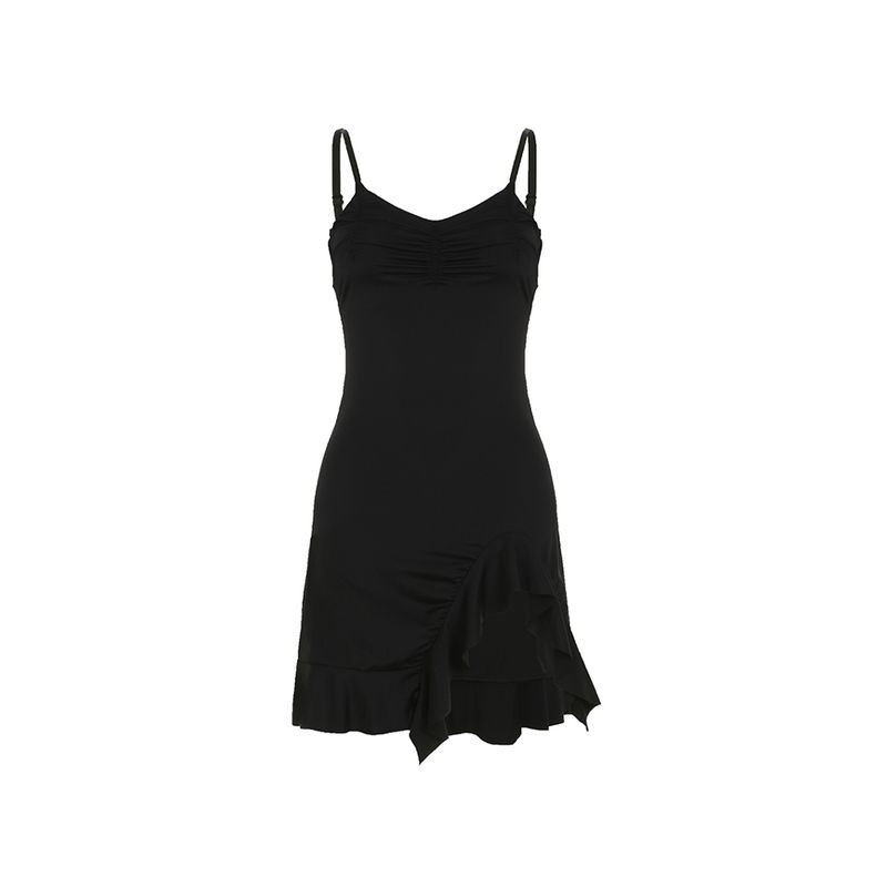 H Family European and American Women's Clothing American Sexy Irregular Slit Black Slip Dress Abstinence Pleated Waist Tight Hip Skirt