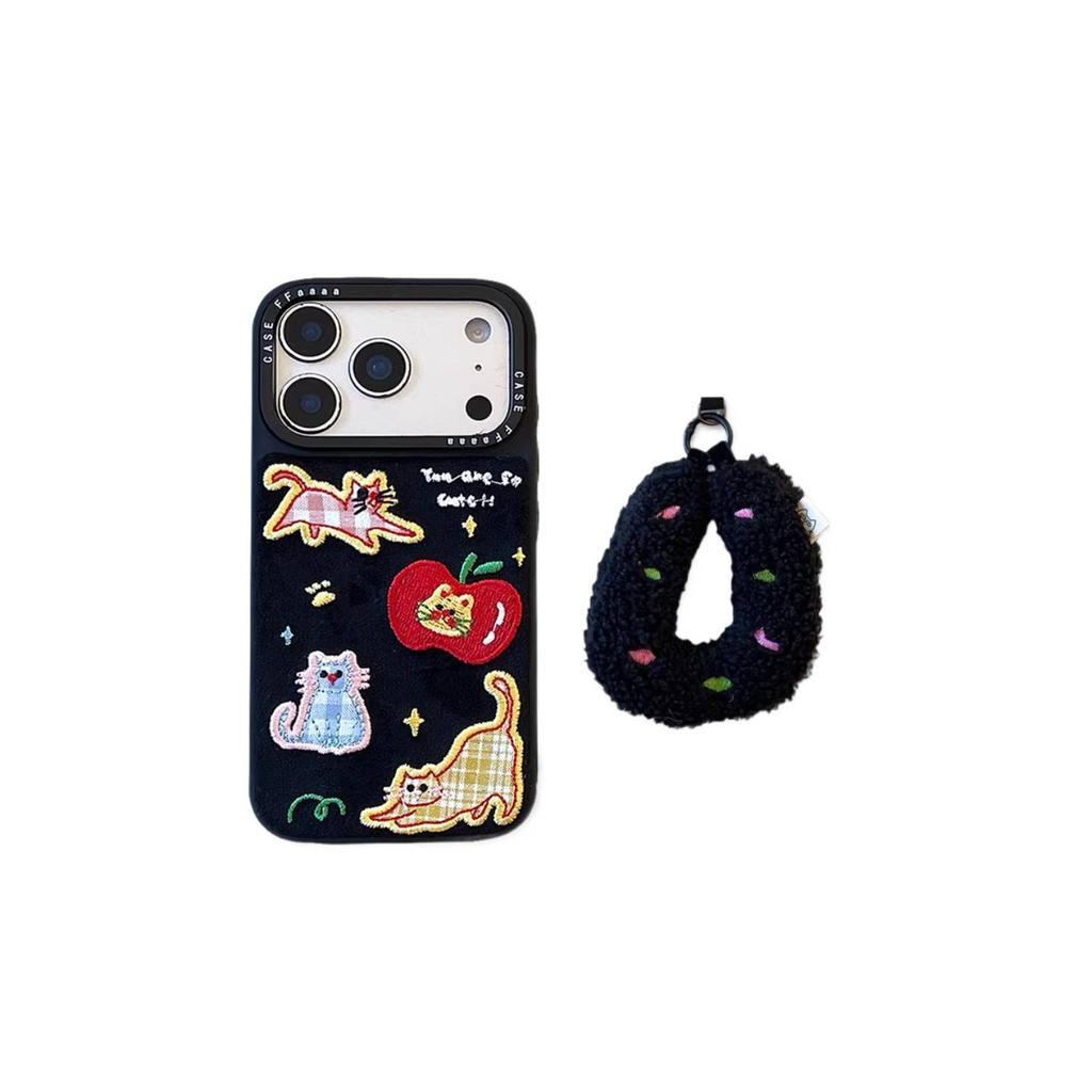 Autumn and winter denim embroidery red apple cat for apple 17promax mobile phone case iphone16pro new 1